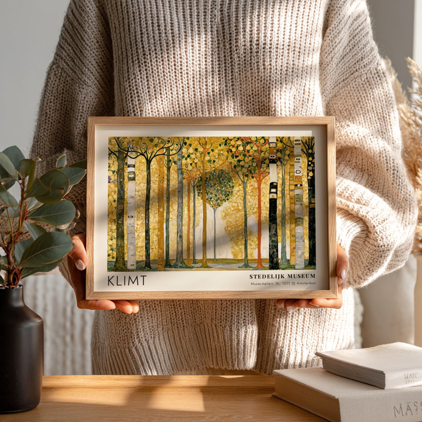 Violett - Blüte und Dunkel poster featuring Klimt's landscape art with golden hues and intricate patterns.