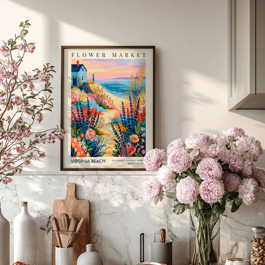 Virginia Beach flower market poster featuring colorful blooms and coastal scenery in a vibrant style