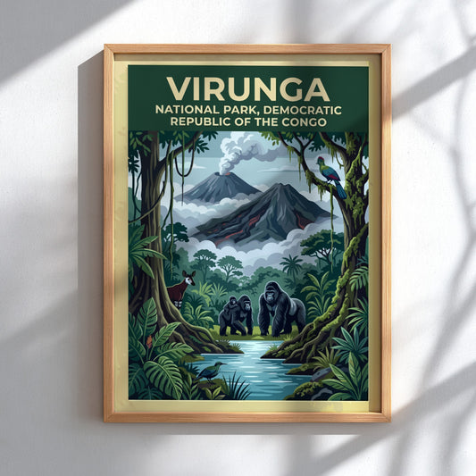 Virunga National Park poster featuring gorillas, lush greenery, and volcanic mountains in vibrant colors.
