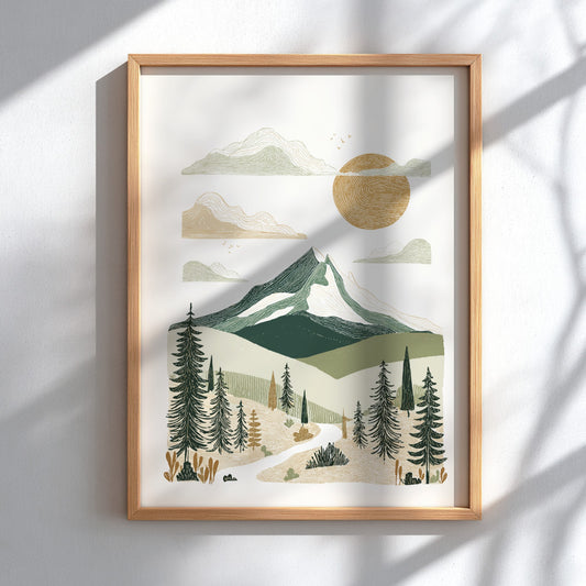 Mountain landscape poster with textured style, featuring green mountains, sun, and trees. Boho wall art.