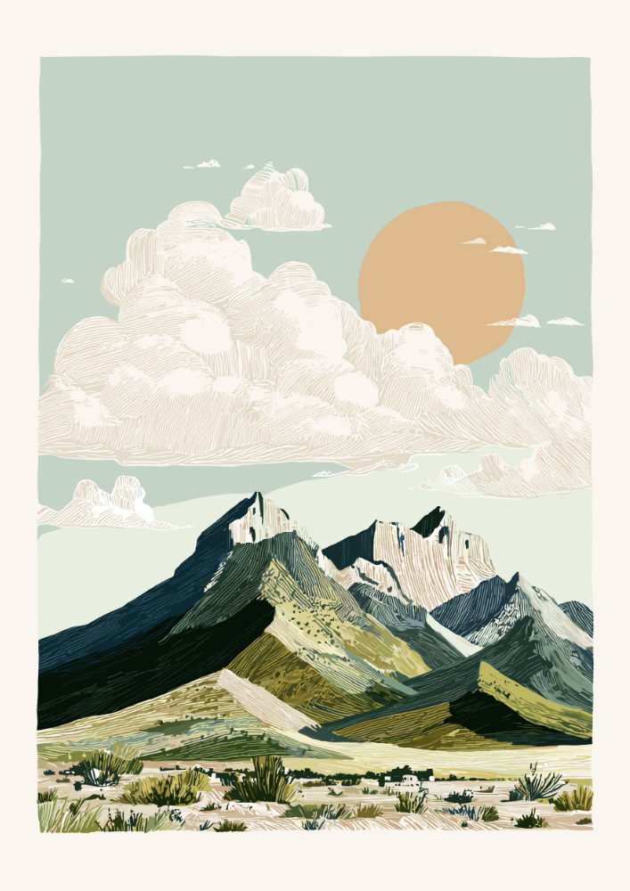 Desert landscape with mountains and a large sun in the sky