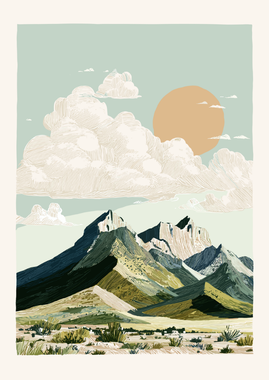 Desert landscape with mountains and a large sun in the sky