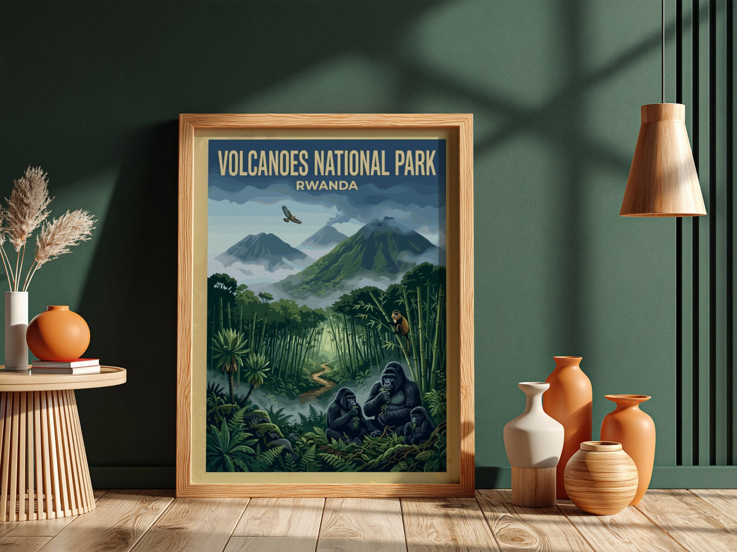 Gorilla poster showcasing nature illustration with bamboo forest and mountains