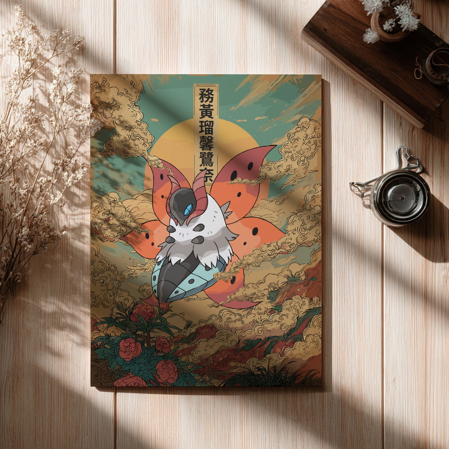Colorful poster with a Volcarona Pokemon illustration on a wooden surface