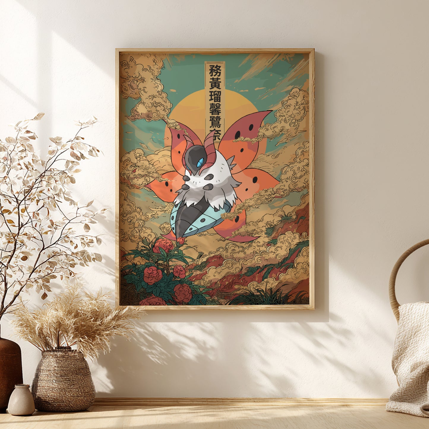 Framed artwork of Volcarona Pokemon with colorful design on a wall.