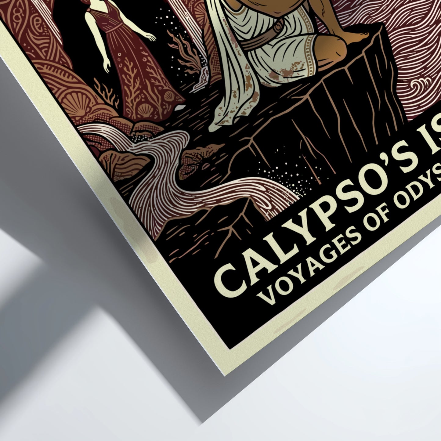 Calypso's Isle poster featuring Odysseus and Calypso in a stylized Greek mythology art style with earthy