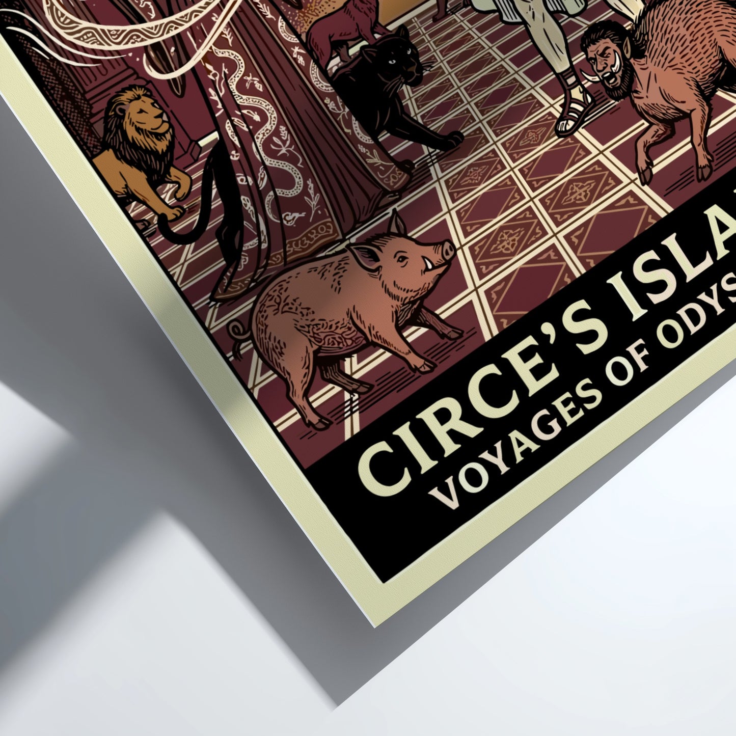 Circe's Island poster featuring Circe and Odysseus, Greek mythology art, Odyssey illustration, mythic wall