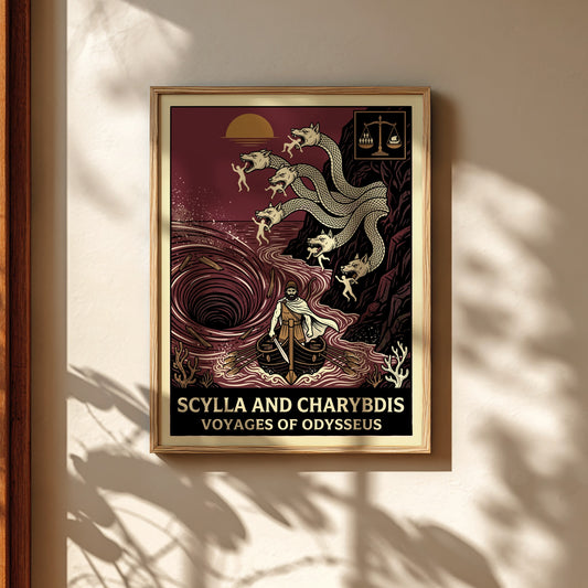 Scylla and Charybdis Greek mythology poster featuring Odysseus's ship, monster heads, and whirlpool.