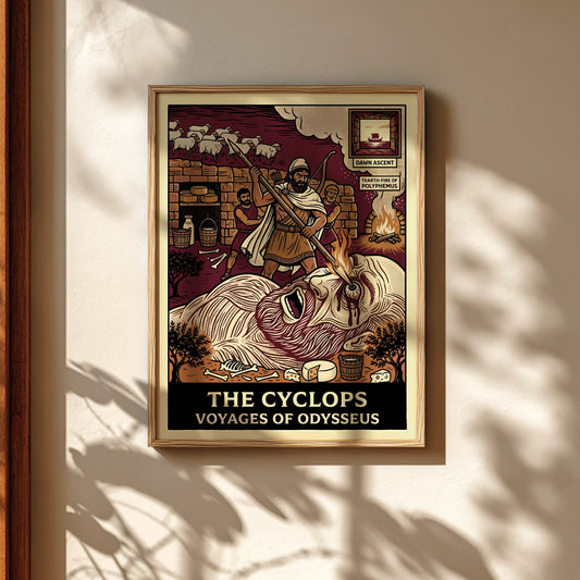 The Cyclops Greek mythology poster in linocut style, showing Odysseus blinding Polyphemus.