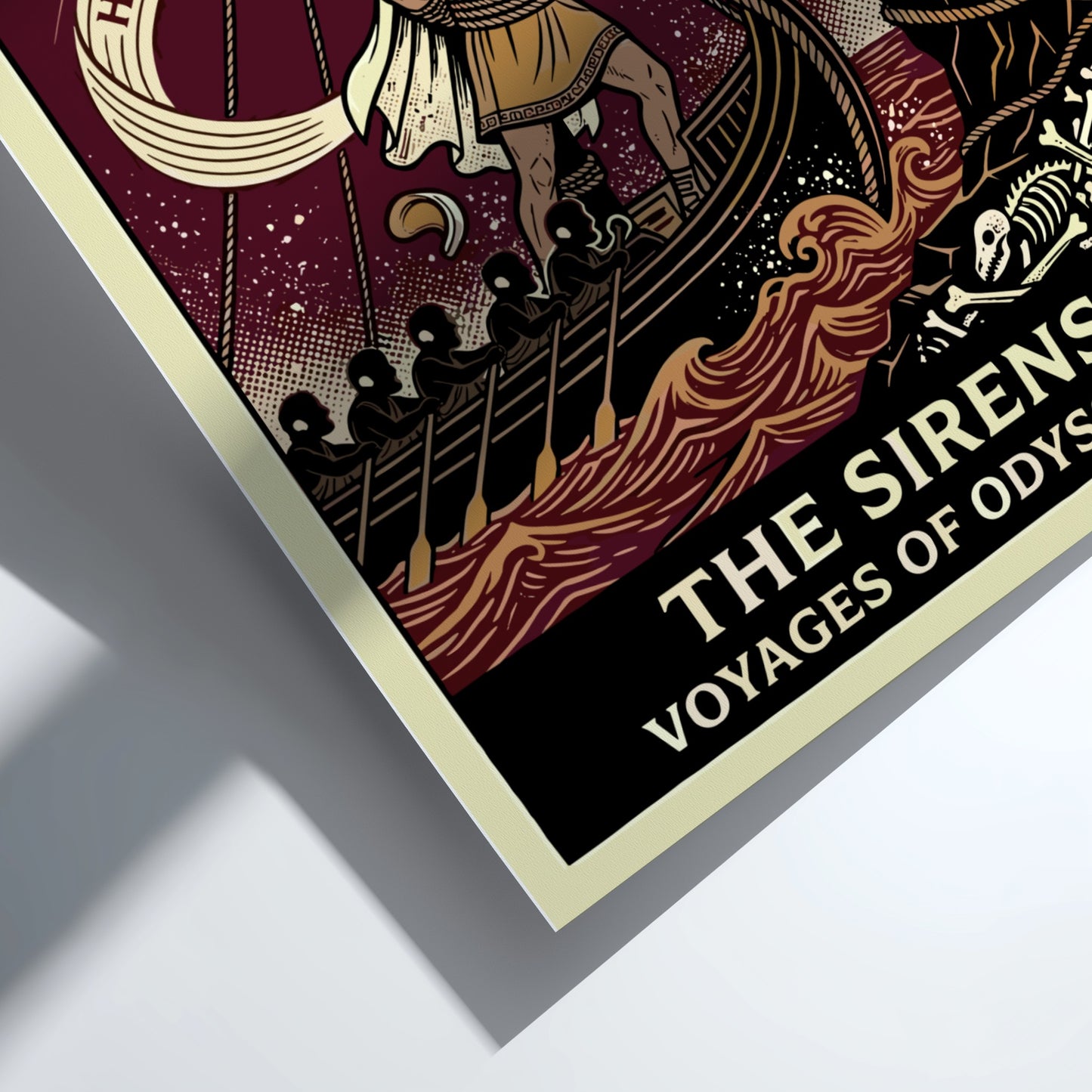 Odysseus and the Sirens Greek mythology poster, featuring Odysseus tied to a ship mast and Sirens on a cliff.