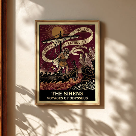 Odysseus and the Sirens Greek mythology poster, featuring Odysseus tied to a ship mast and Sirens on a cliff.