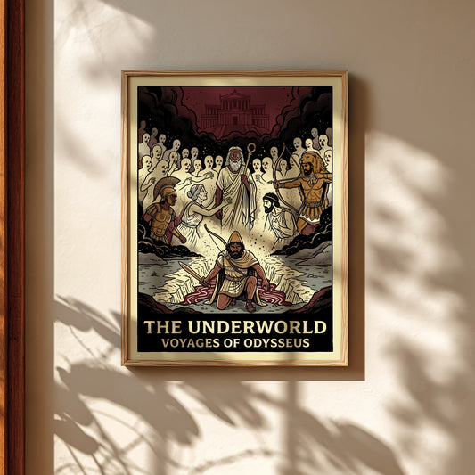 Odysseus in the Underworld poster, featuring spectral figures and Hades in a dramatic Greek mythology scene.