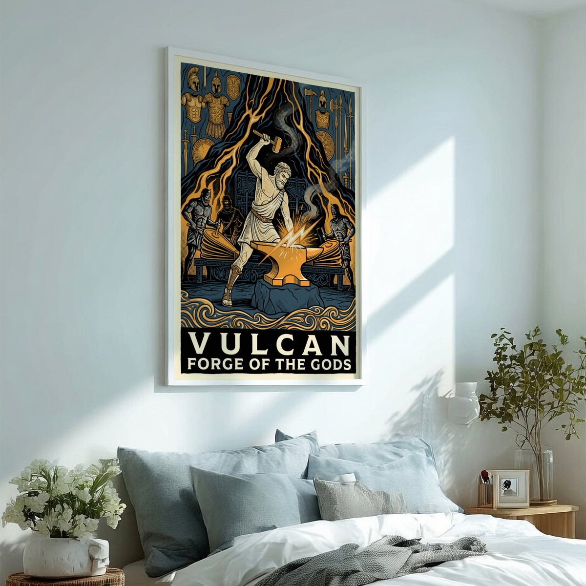 Poster featuring Vulcan forging at an anvil with mythical assistants in ochre blue