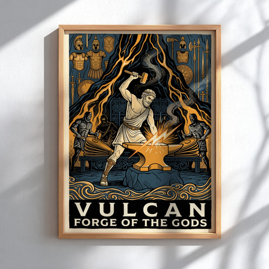 Poster featuring Vulcan forging at an anvil with mythical assistants in ochre blue