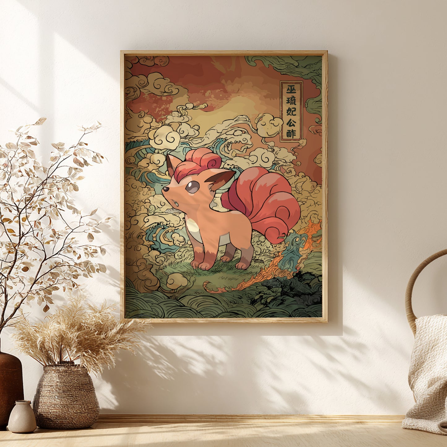 Framed artwork of Vulpix Pokemon in a room with decorative elements.