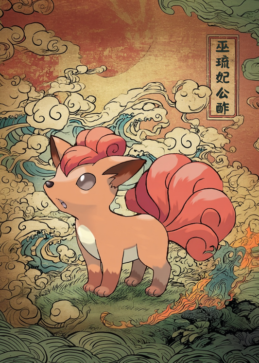 Vulpix Pokemon standing on a textured background with clouds and flames.