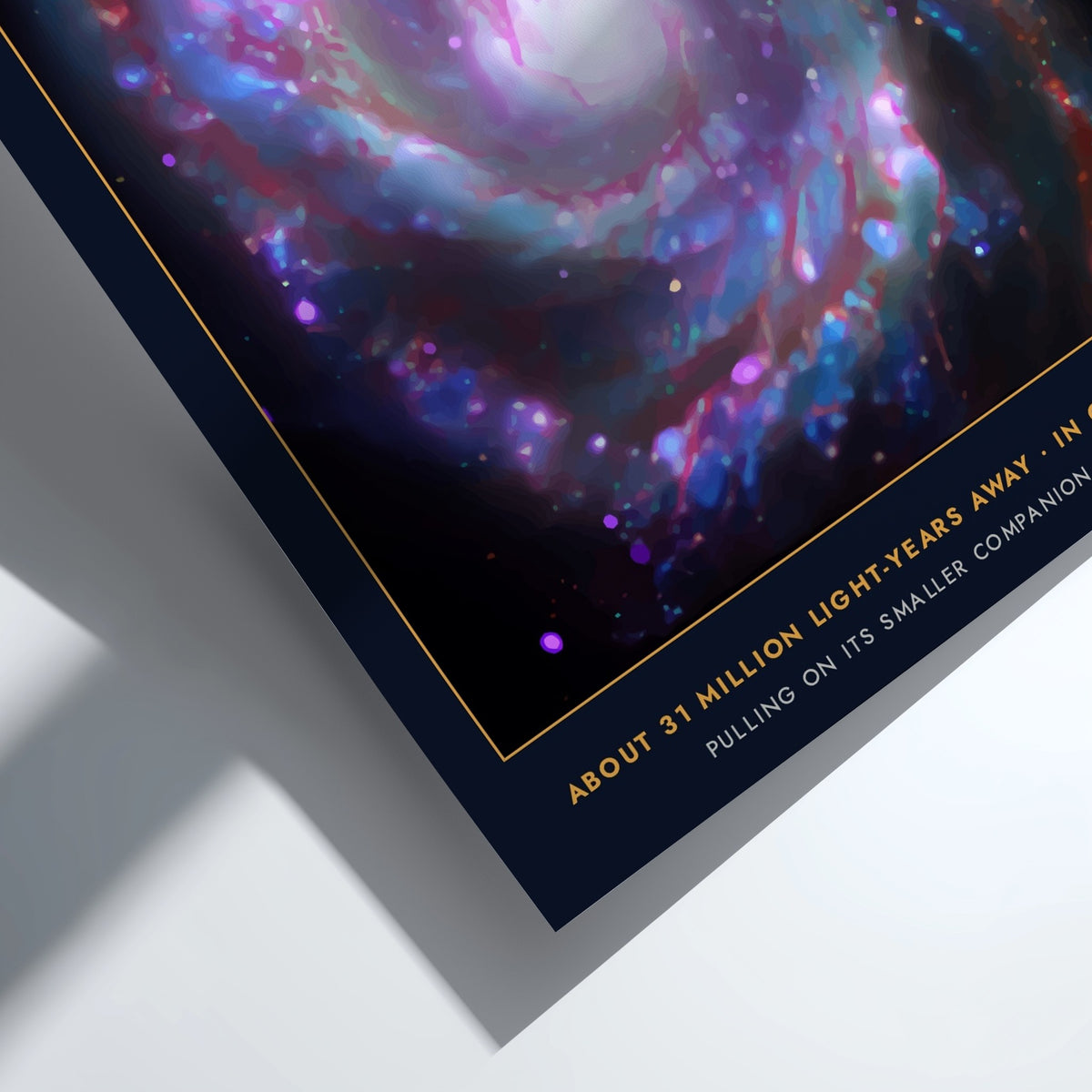 Poster of the Whirlpool Galaxy featuring violet and blue spiral arms against deep black space.