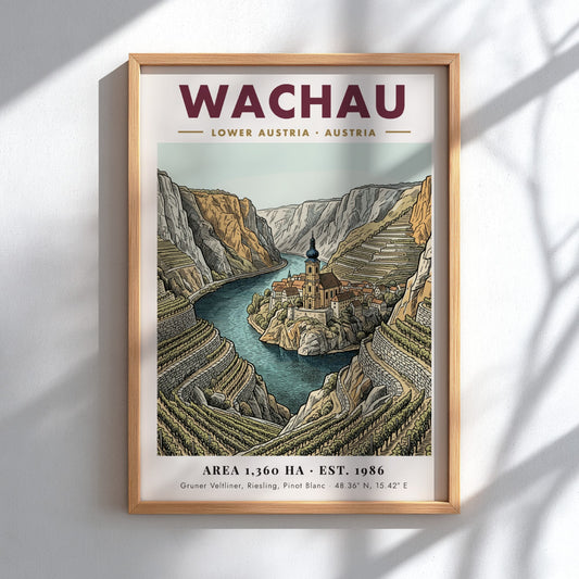 Poster of the Wachau Valley in Austria featuring terraced vineyards and a river church.