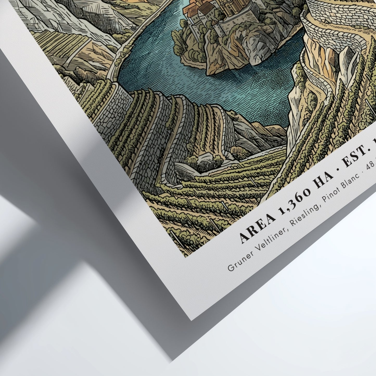 Poster of the Wachau Valley in Austria featuring terraced vineyards and a river church.