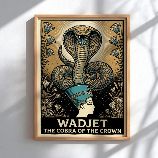 Poster featuring the Egyptian deity Wadjet as a coiled cobra above a queen's profile.
