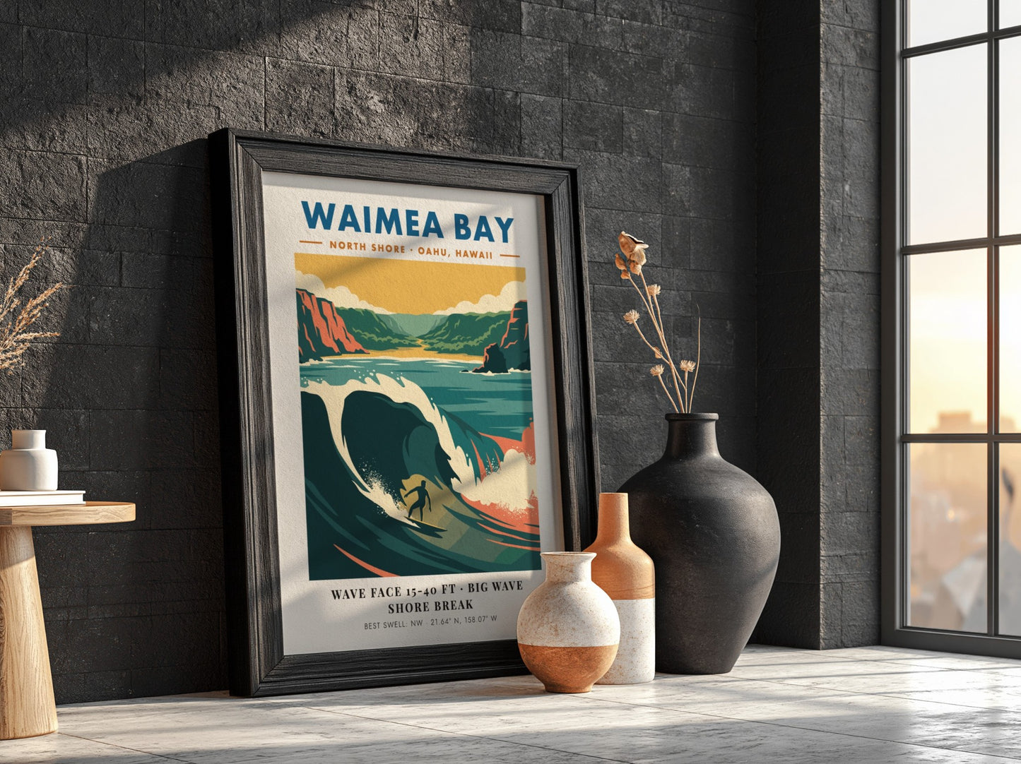 Waimea Bay North Shore surf poster featuring a large wave and rugged cliffs