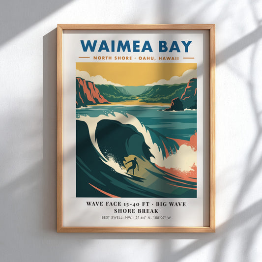 Waimea Bay North Shore surf poster featuring a large wave and rugged cliffs