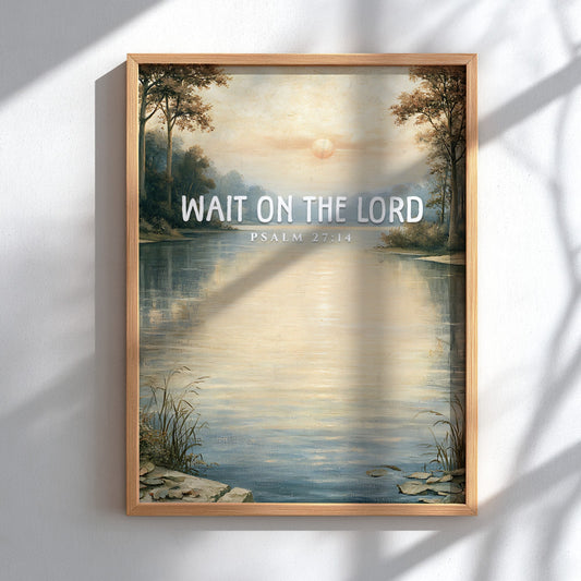 Wait on the Lord poster featuring a tranquil lakeside scene in soft pastels, ideal for inspirational wall art.