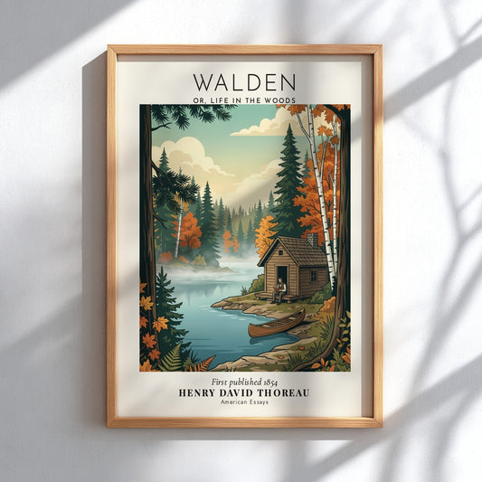 Poster featuring Henry David Thoreau's Walden with a cabin by a misty pond.