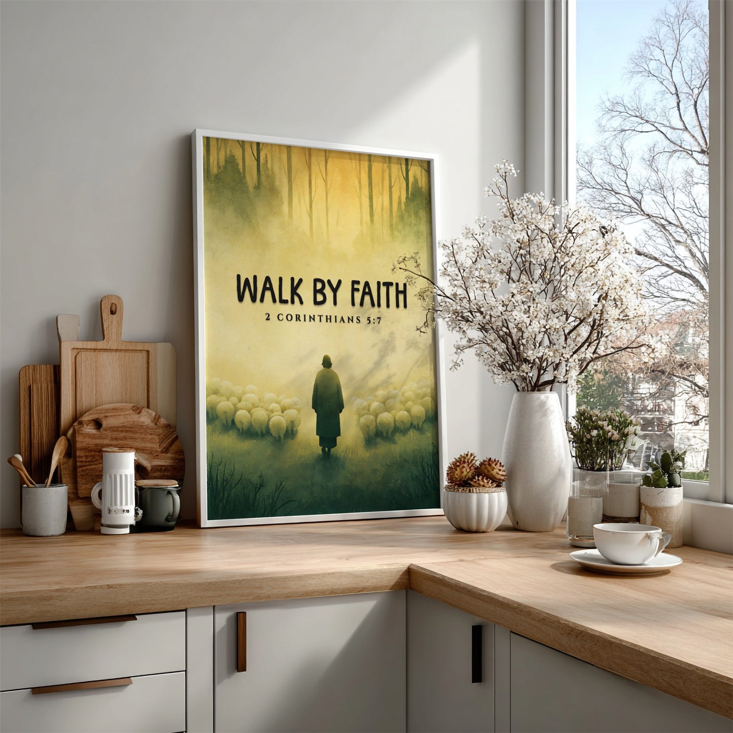 Walk by Faith Poster featuring a serene landscape and 2 Corinthians 5:7 verse, soft colors, inspirational