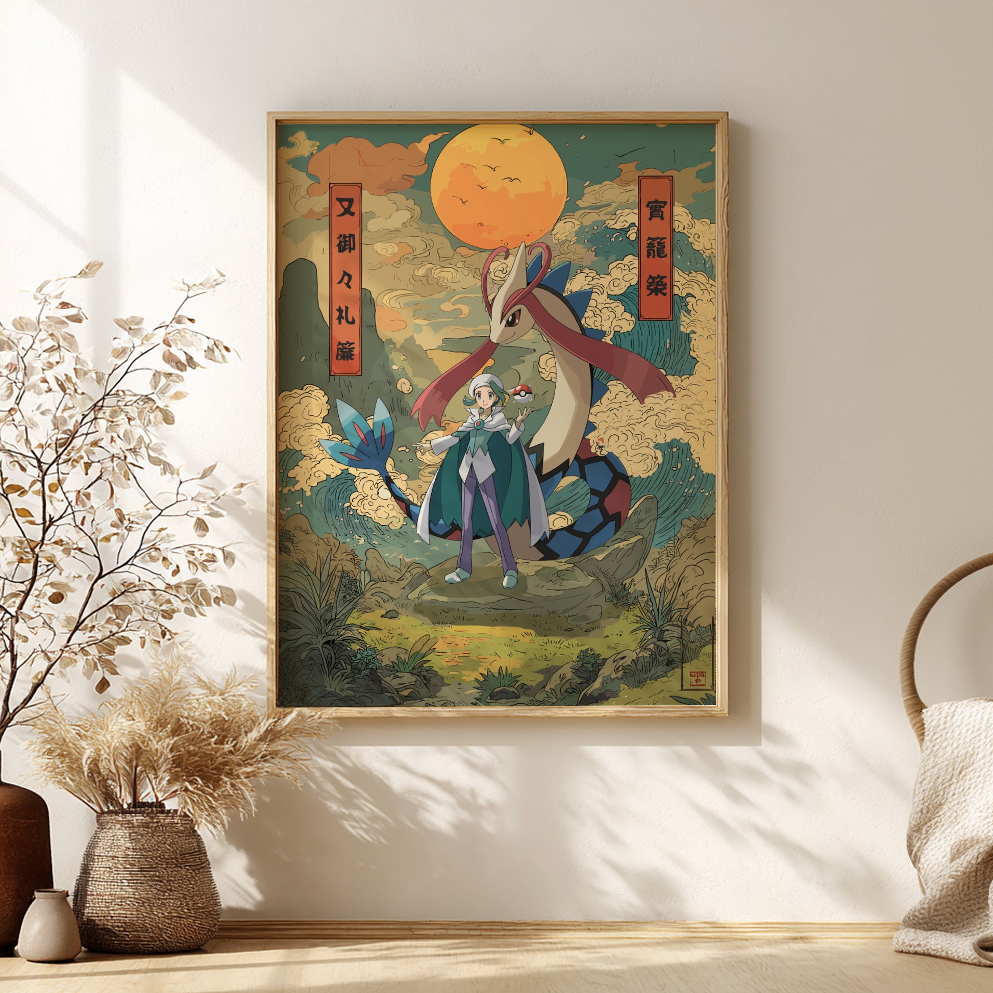 Framed artwork of a fantasy scene with Wallace and Milotic Pokemon on a wall in a room.