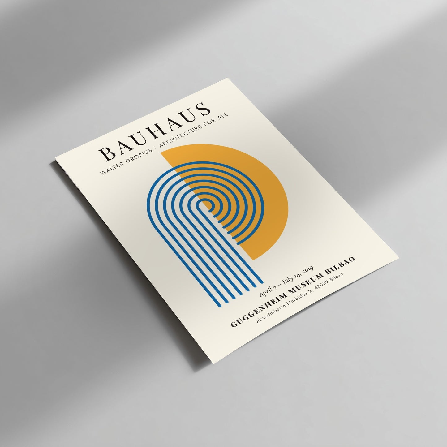Bauhaus poster featuring Walter Gropius design with geometric shapes in blue and orange