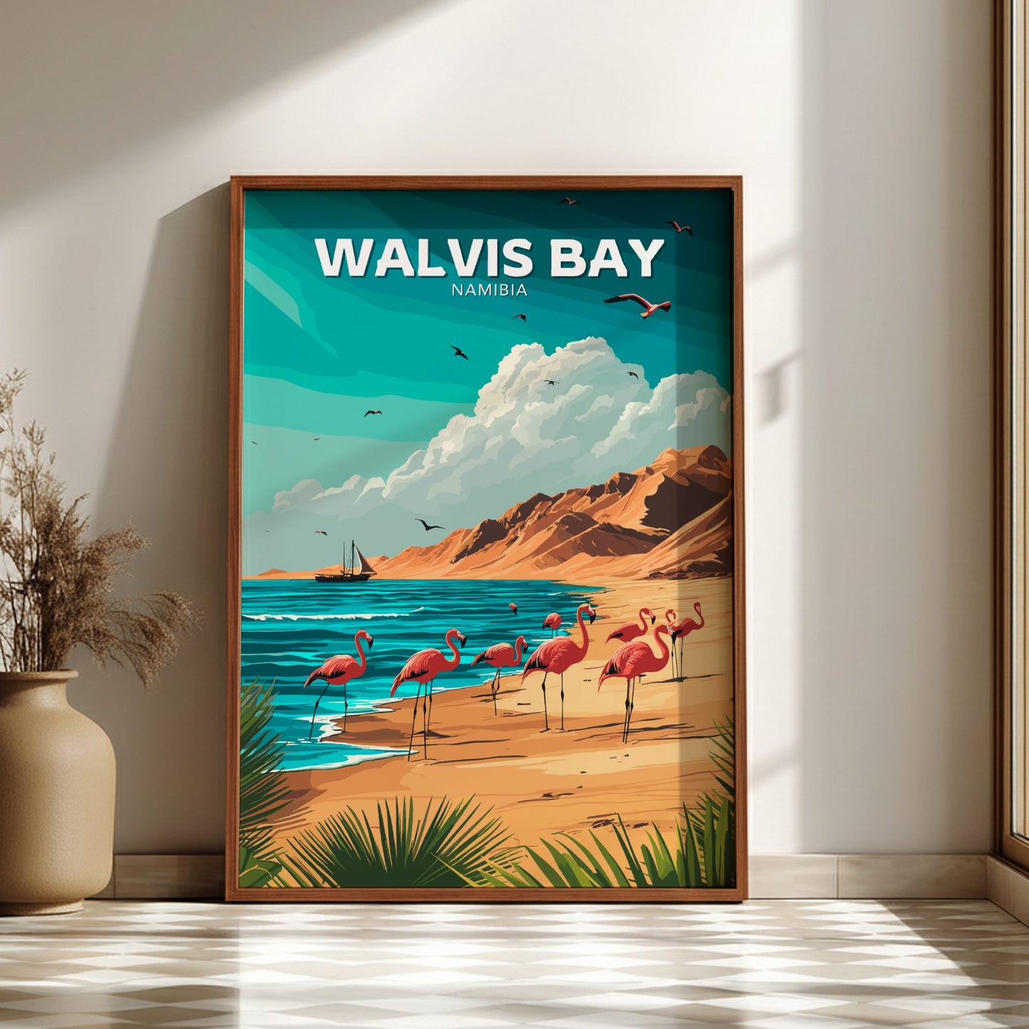 Framed poster of Walvis Bay, Namibia with flamingos and beach scene.