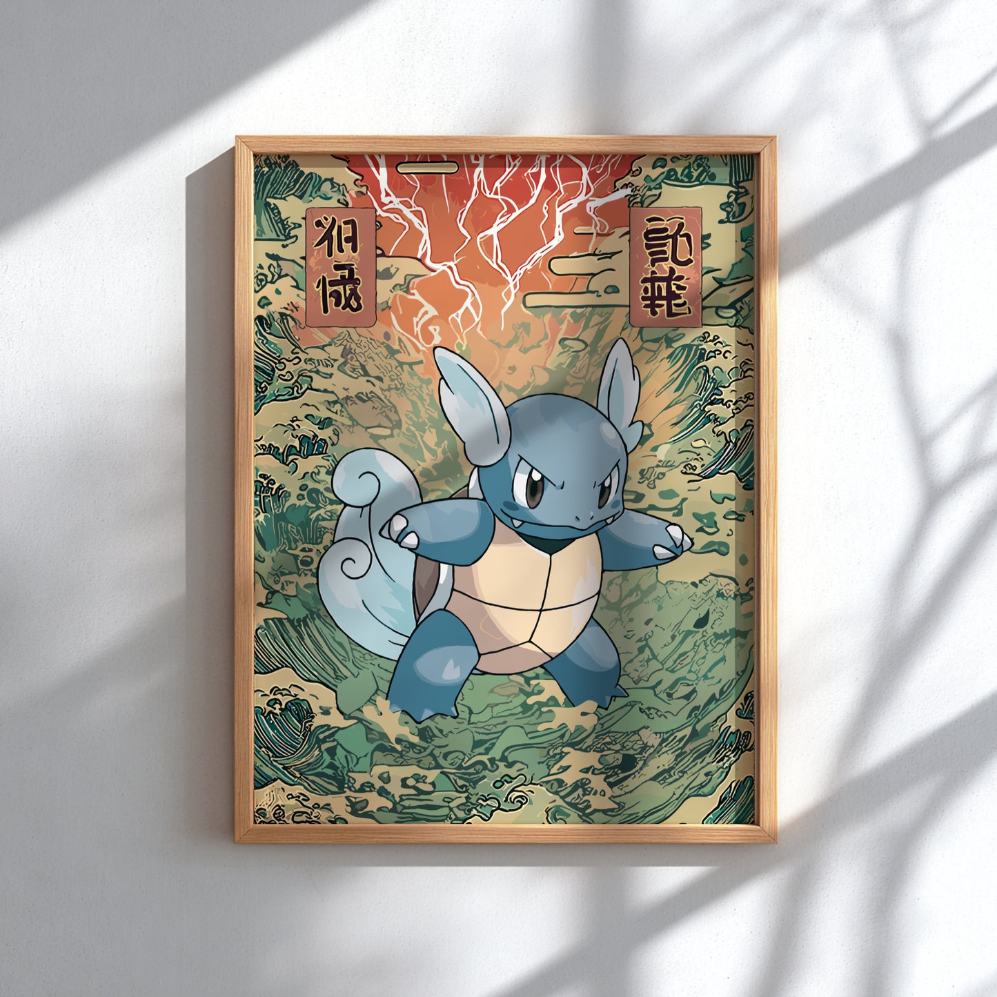 Framed artwork of Wartortle Pokemon  with a traditional Japanese design