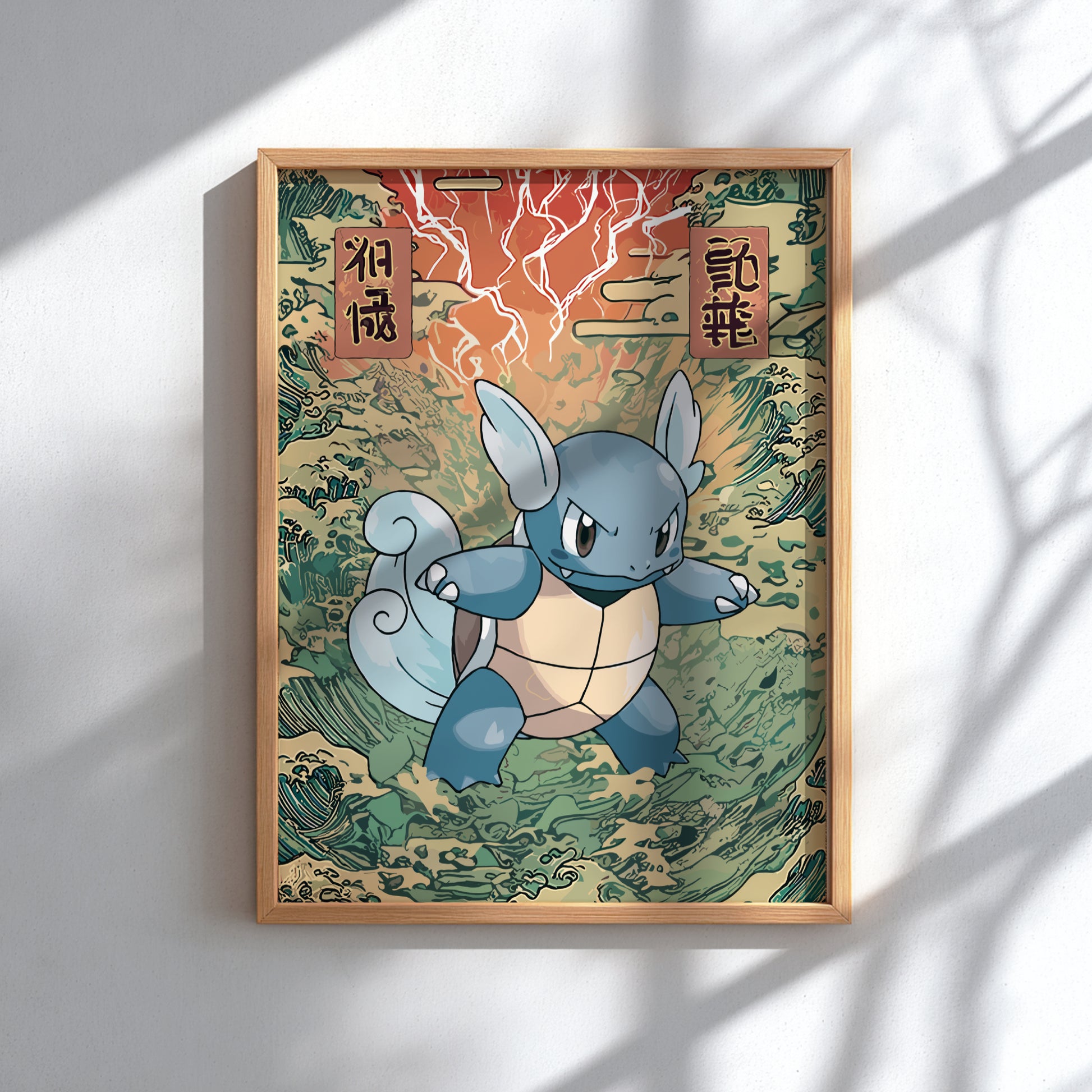 Framed artwork of Wartortle Pokemon  with a traditional Japanese design