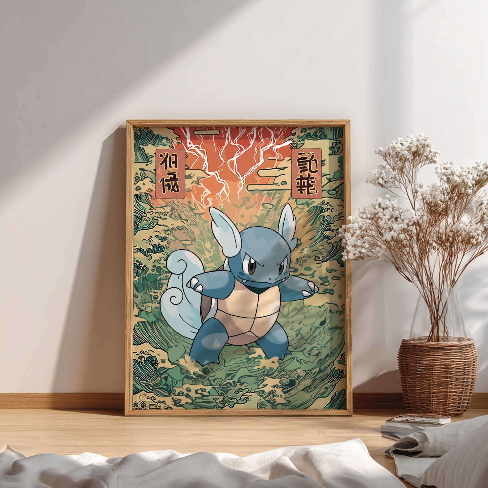 Framed artwork of a stylized Wartortle Pokemon on a wall with a plant and decor items below.