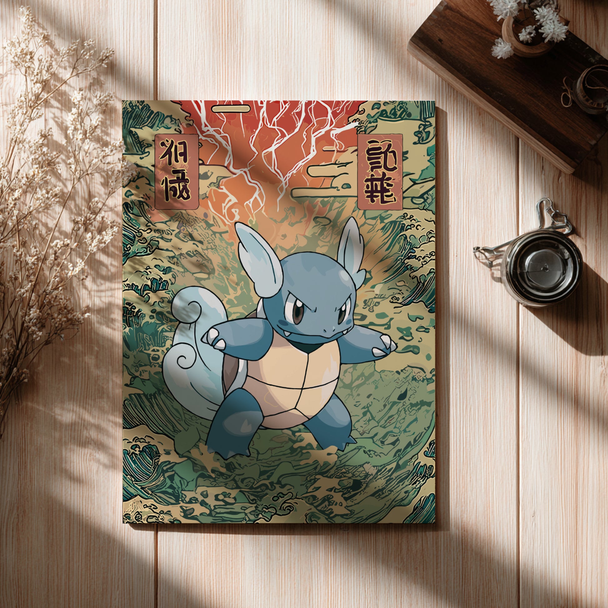 Poster with Wartortle Pokemon  character on a wooden surface