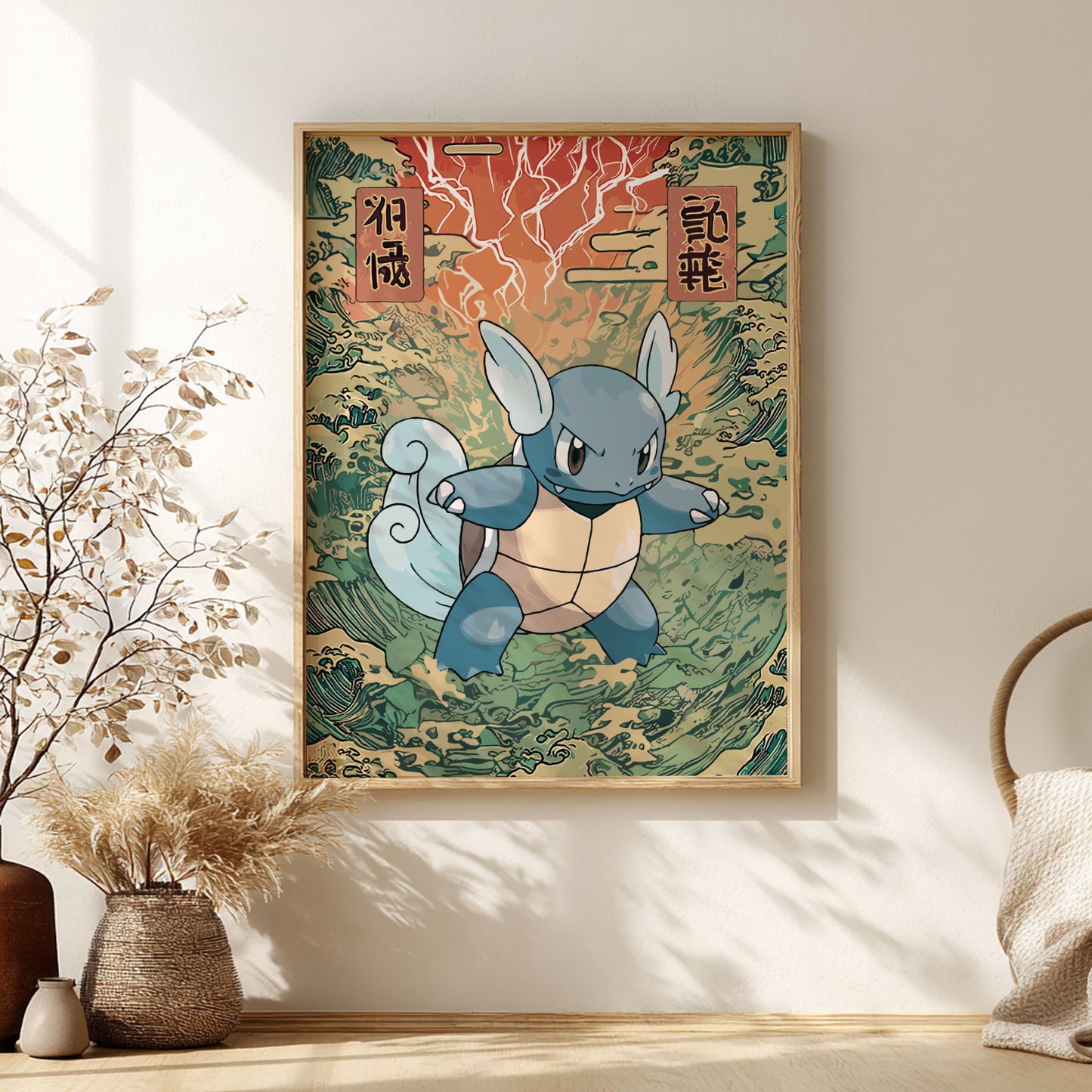 Framed artwork of a Wartortle Pokemon character on a wall with decorative elements.