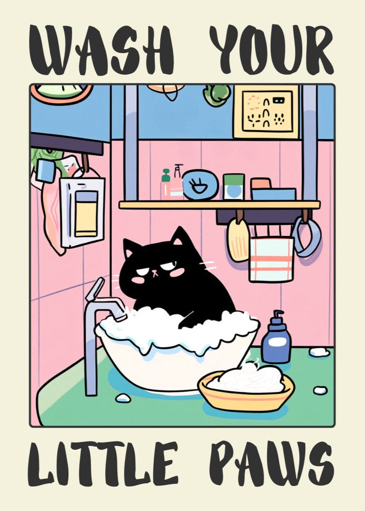 Wash Your Paws Black Cat Print – Funny Bathroom Poster
