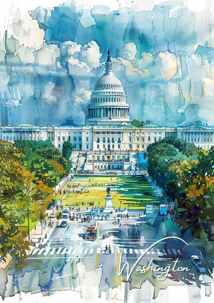 Washington DC Watercolour Travel Print - White House Artwork