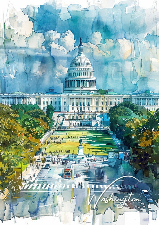 Impression de voyage à l'aquarelle de Washington DC - Œuvre de la Maison Blanche