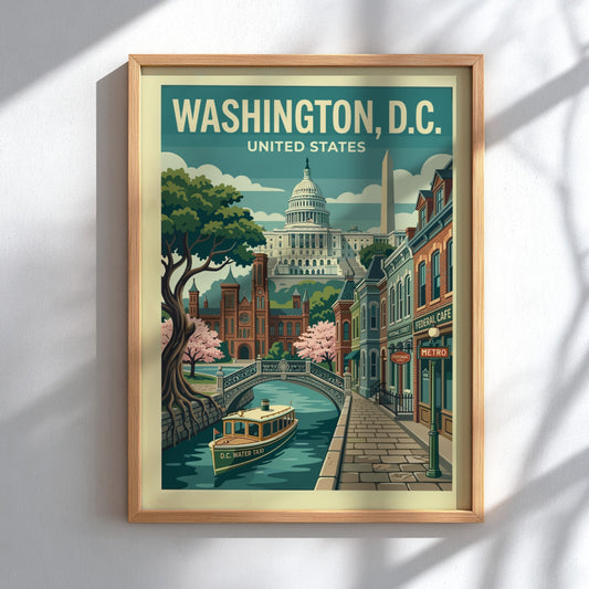 Retro Washington D.C. travel poster featuring the Capitol Building, Washington Monument, and canal.