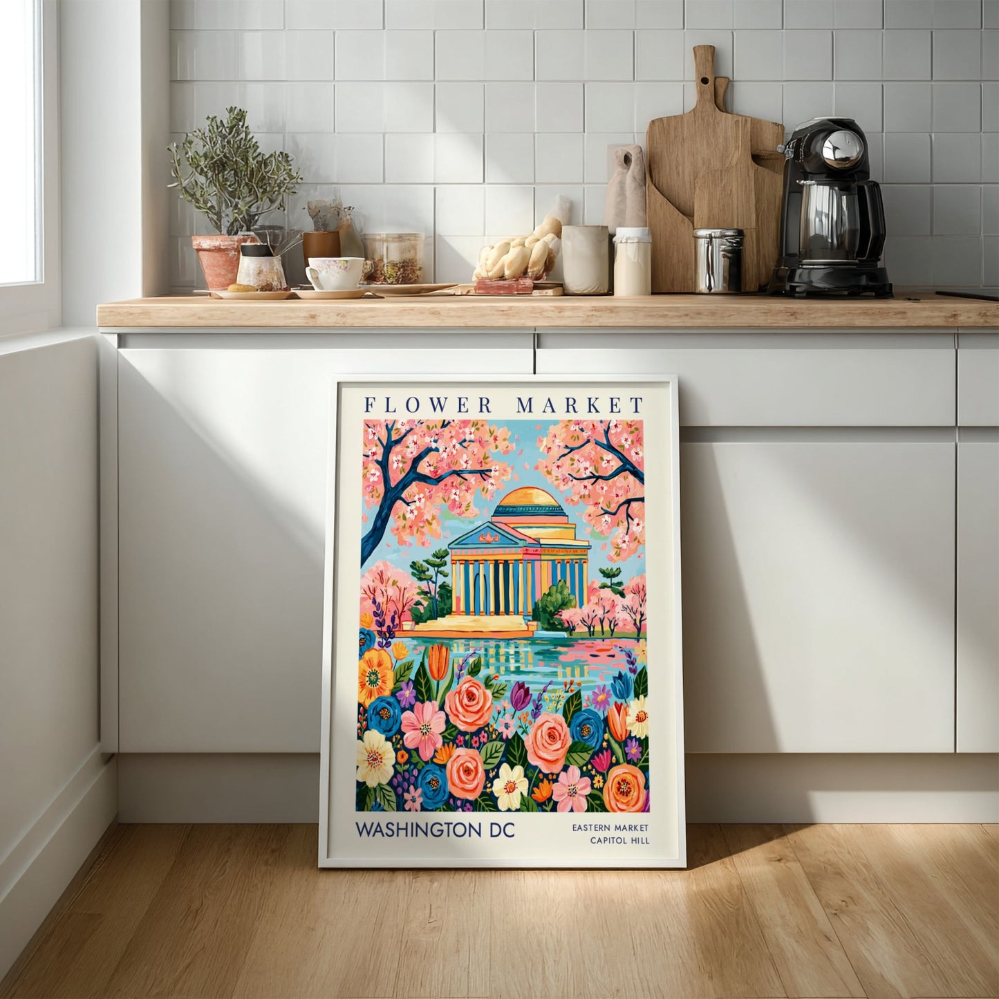 Flower market poster featuring Washington DC with colorful flowers and Jefferson Memorial in a vibrant style