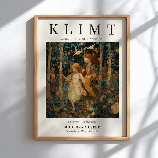 Poster featuring Klimt-inspired artwork of two girls in a forest with earthy colors and intricate patterns