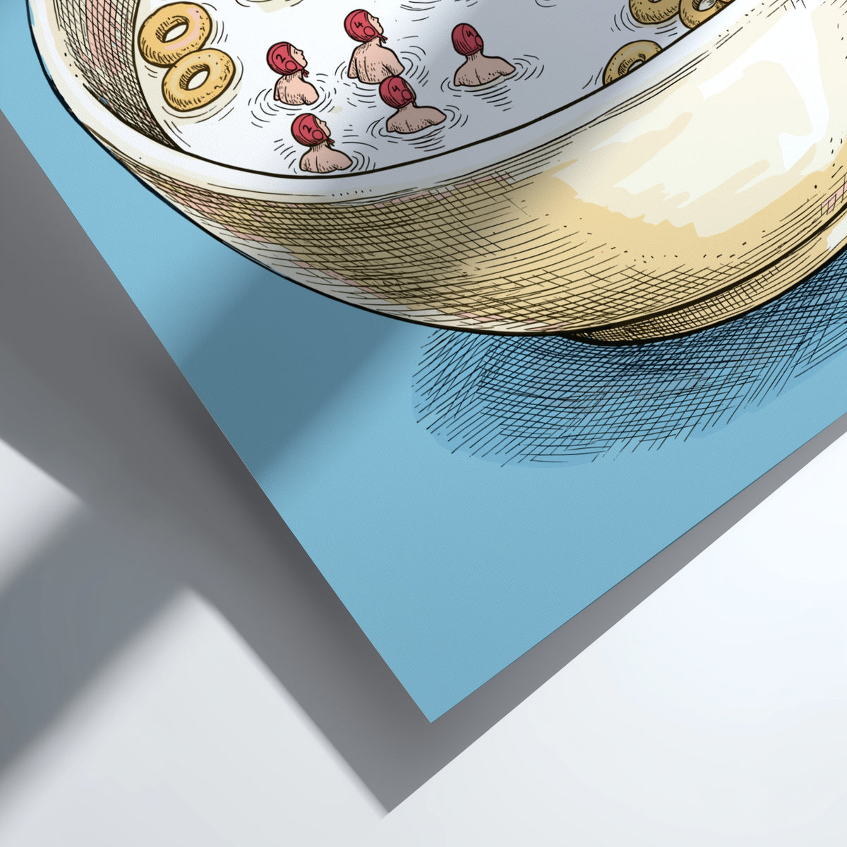Poster showing miniature water polo players competing inside a large bowl of cereal.