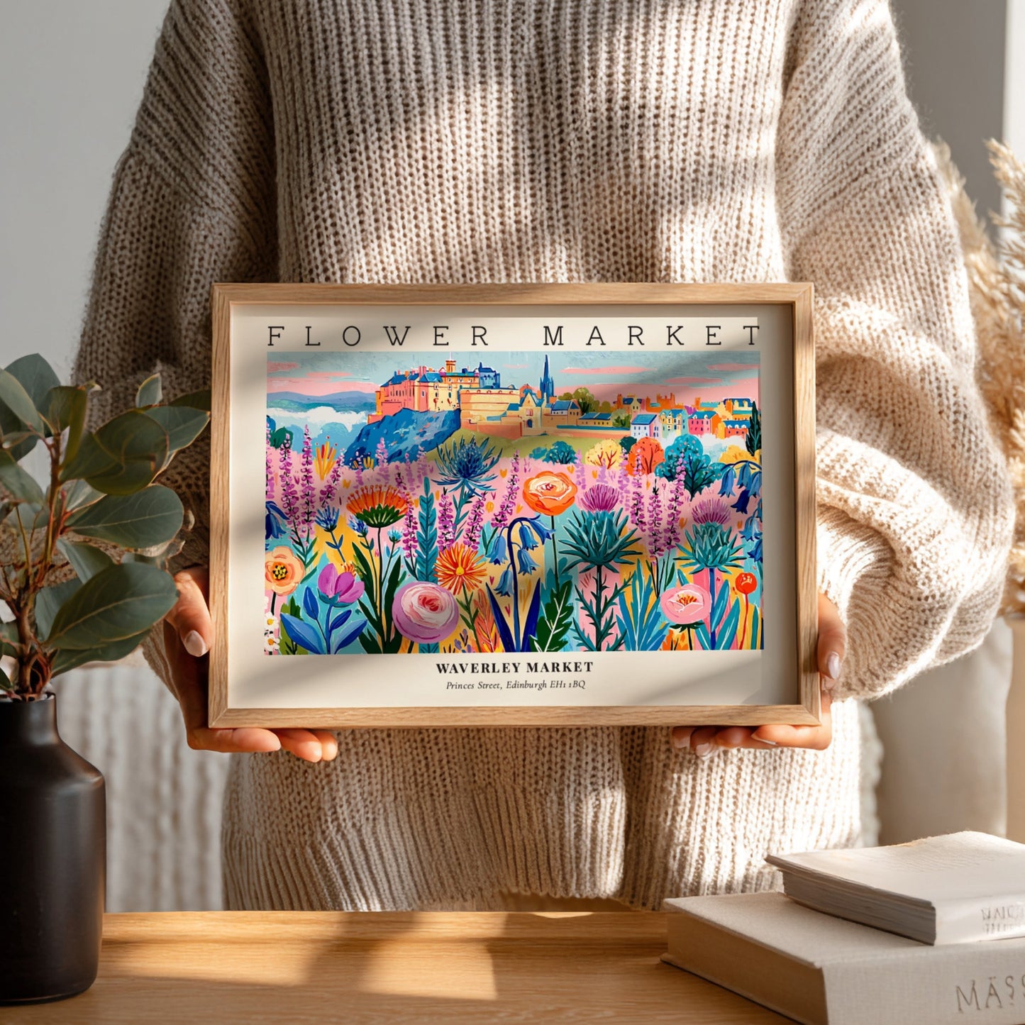 Flower market poster showcasing vibrant Edinburgh flowers in bright colors