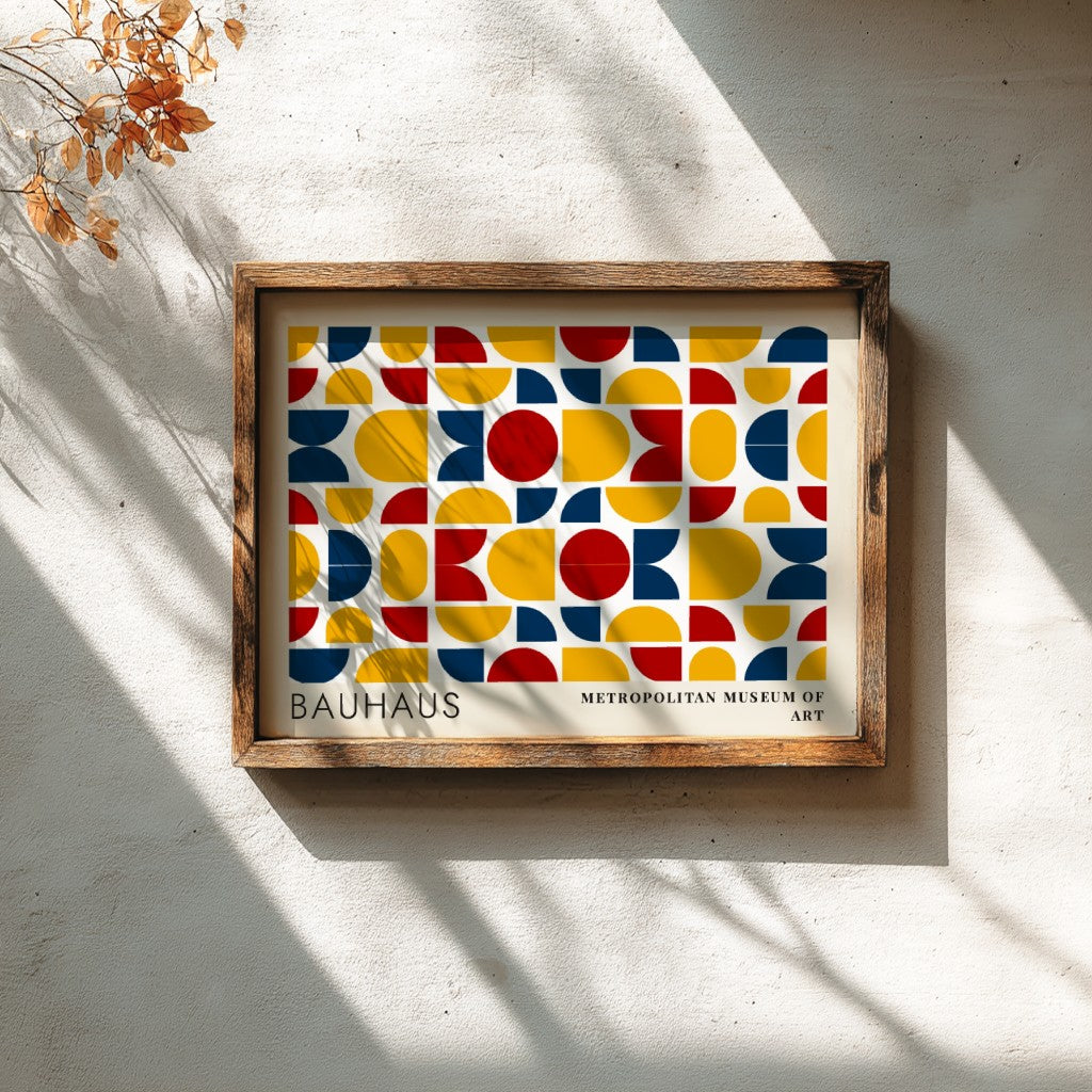 Wall art poster featuring Bauhaus geometric textile patterns in blue yellow and red colours.