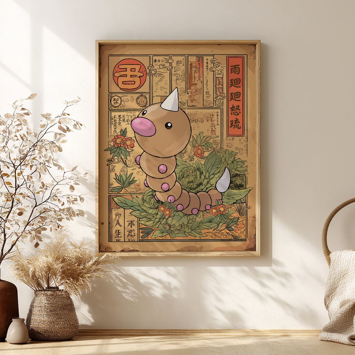 Framed artwork of Weedle Pokemon on a wall with decorative elements.
