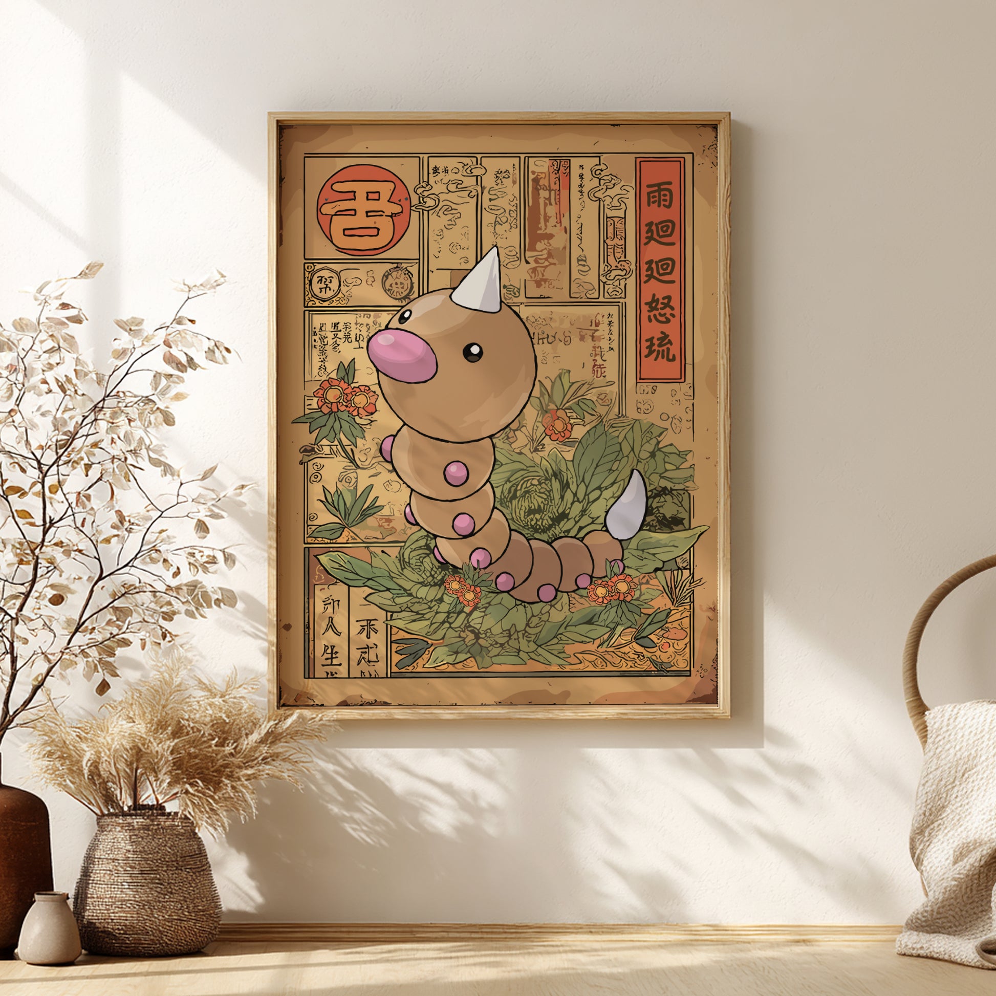 Framed artwork of Weedle Pokemon on a wall with decorative elements.