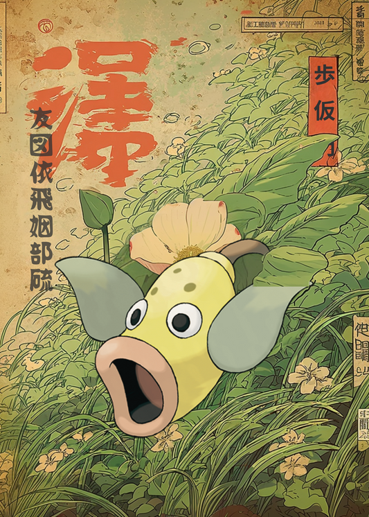 Illustration of Weepinbell Pokemon in a natural setting with text and decorative elements.