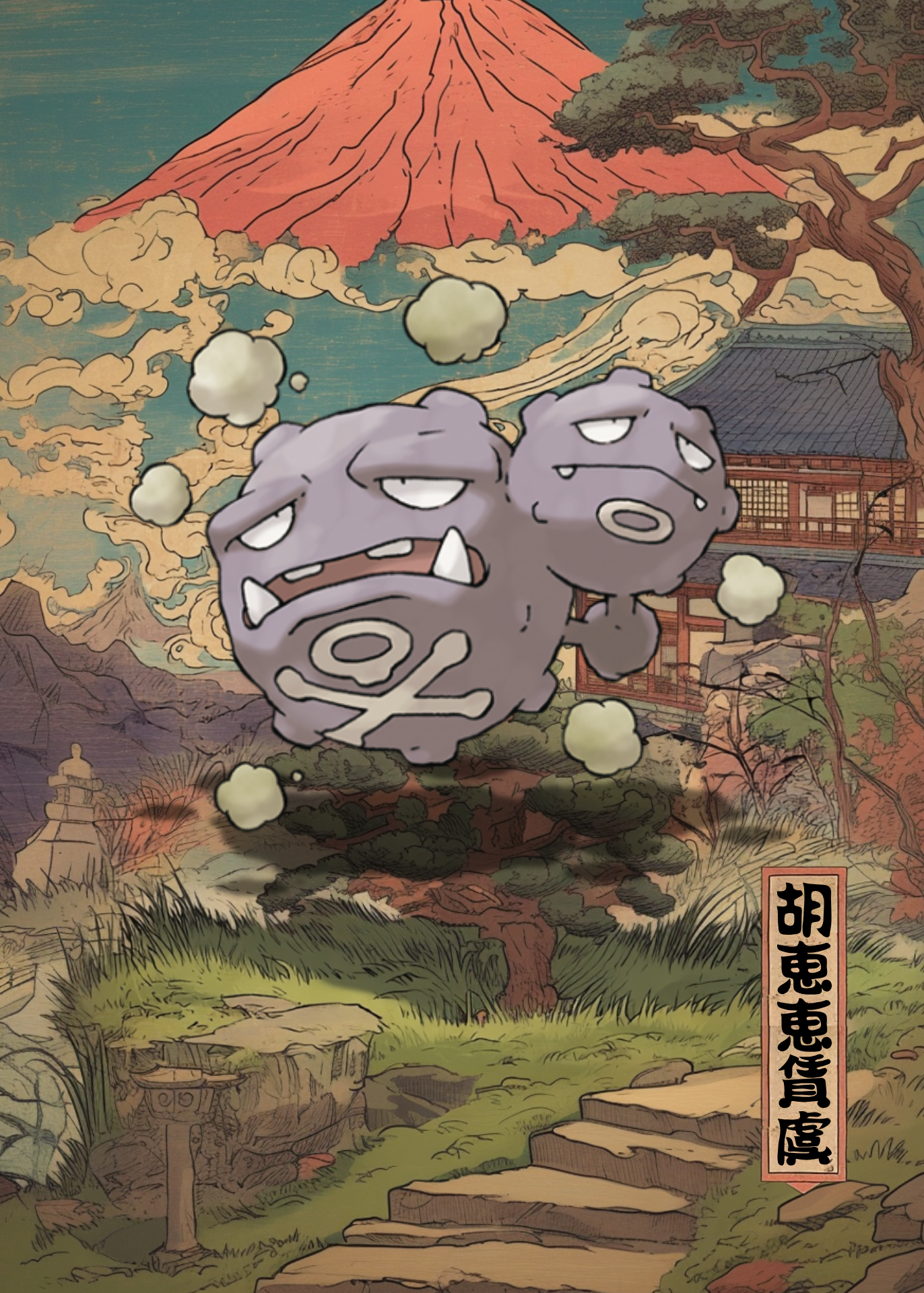 Weezing Pokemon in a Japanese-style landscape with Mount Fuji.